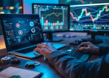 A person monitors cryptocurrency trading charts on multiple screens at a desk, with digital coin graphics and poker chips visible in a dimly lit workspace.