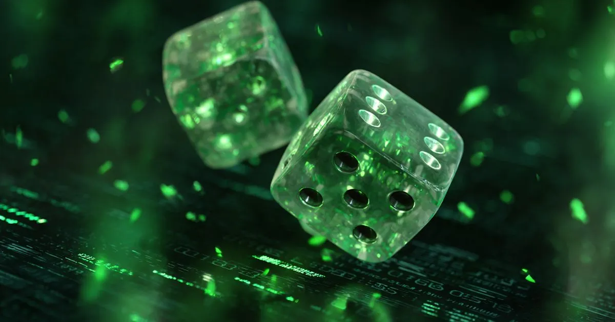 Transparent green dice floating over a dark, glowing digital surface with scattered neon green light particles.