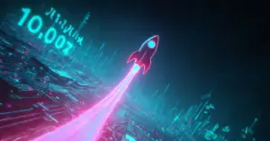 Neon rocket launching upward over a futuristic digital cityscape with glowing blue numbers and a bright pink trail.