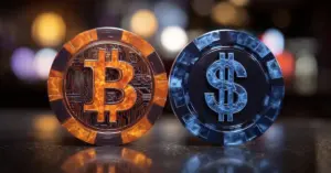 Bitcoin and dollar-themed casino chips standing side by side against a blurred, colorful background.