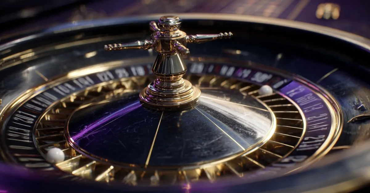 Close-up of a roulette wheel with gold accents and white ball pockets, lit by dramatic purple and warm casino-style lighting.