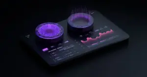 Futuristic betting analytics dashboard with glowing purple chips, holographic charts, and a pink performance graph on a dark digital tablet.
