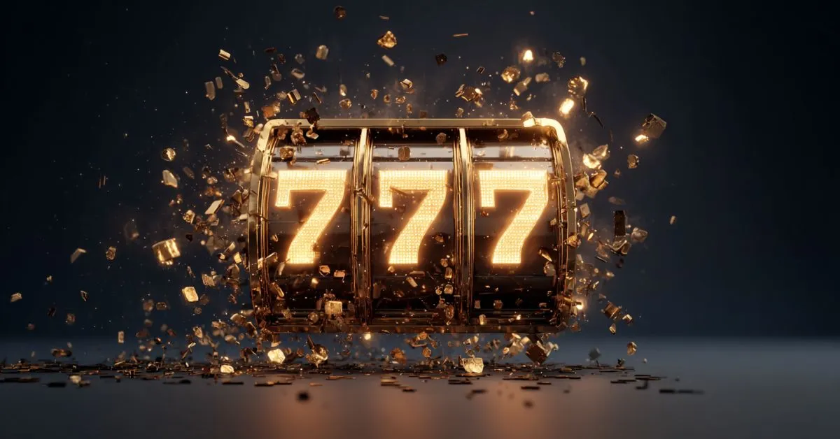 Slot machine reels showing glowing 777 symbols with gold confetti and debris bursting around them against a dark background.